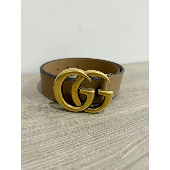Gucci Leather Wide GG Marmont Gold Buckle Belt Tan Women's Size 75 - Picture 2 of 6